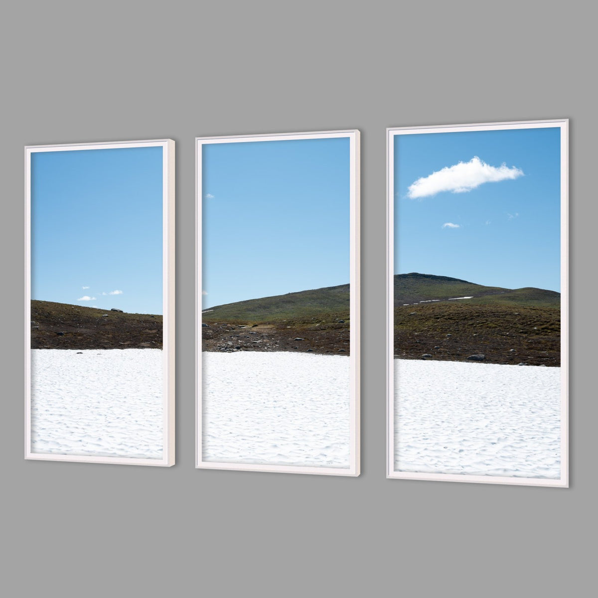 LED-Wandbild Dreiteiler hochkant mit Abstand – Berge & Fjorde