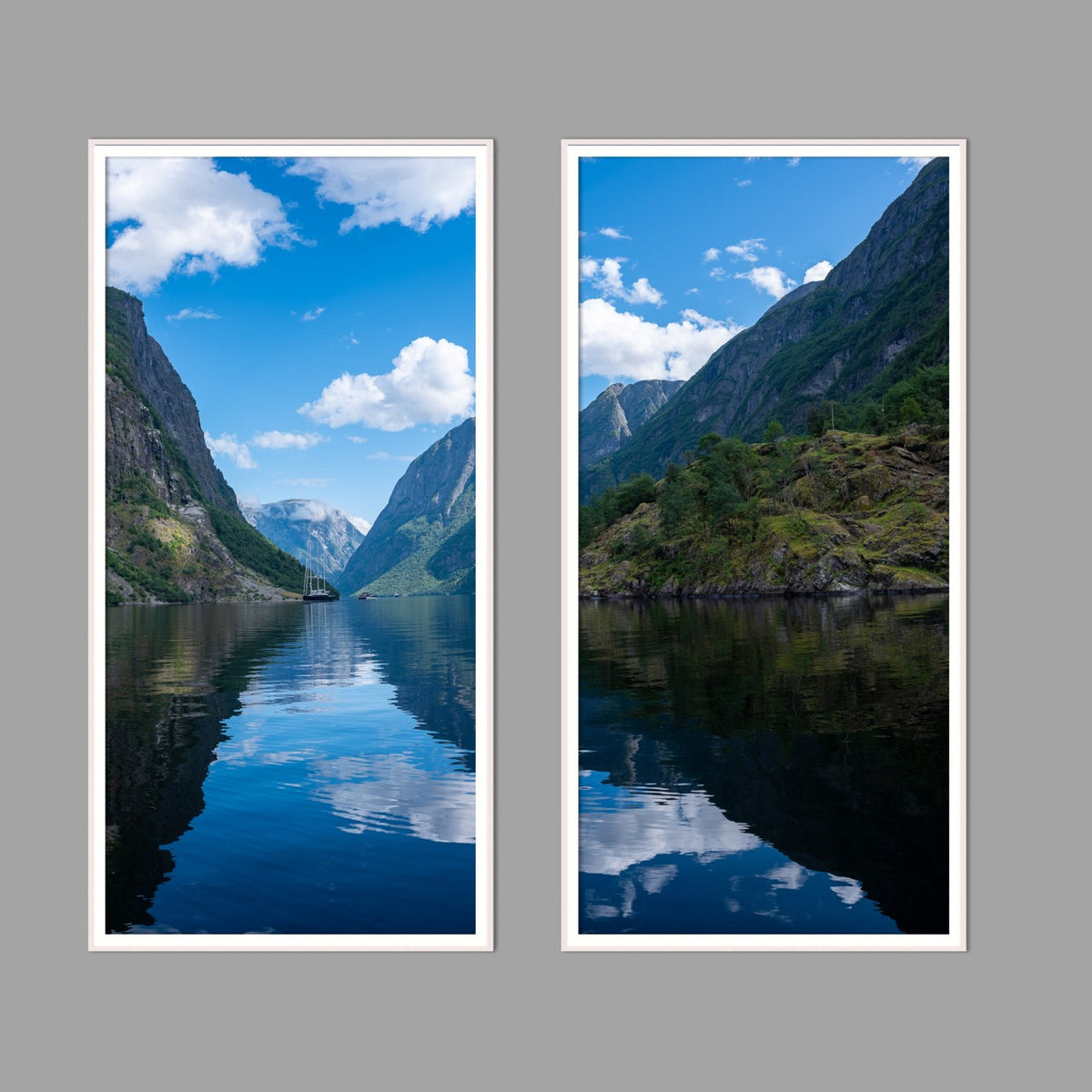 LED-Wandbild Zweiteiler hochkant mit Abstand – Berge & Fjorde