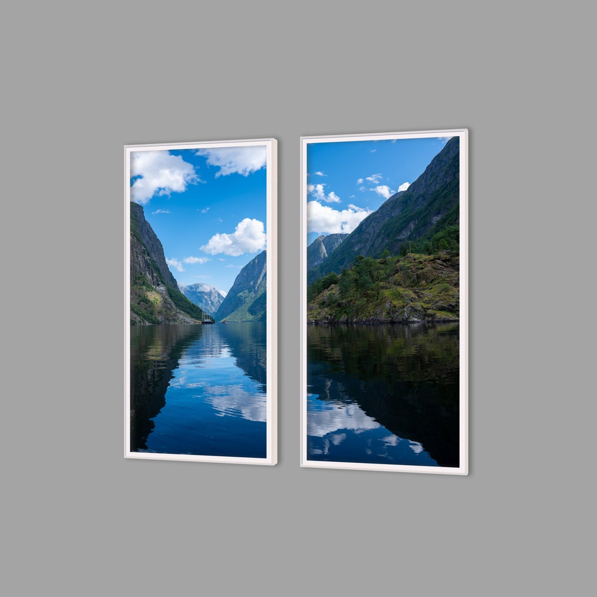 LED-Wandbild Zweiteiler hochkant mit Abstand – Berge & Fjorde