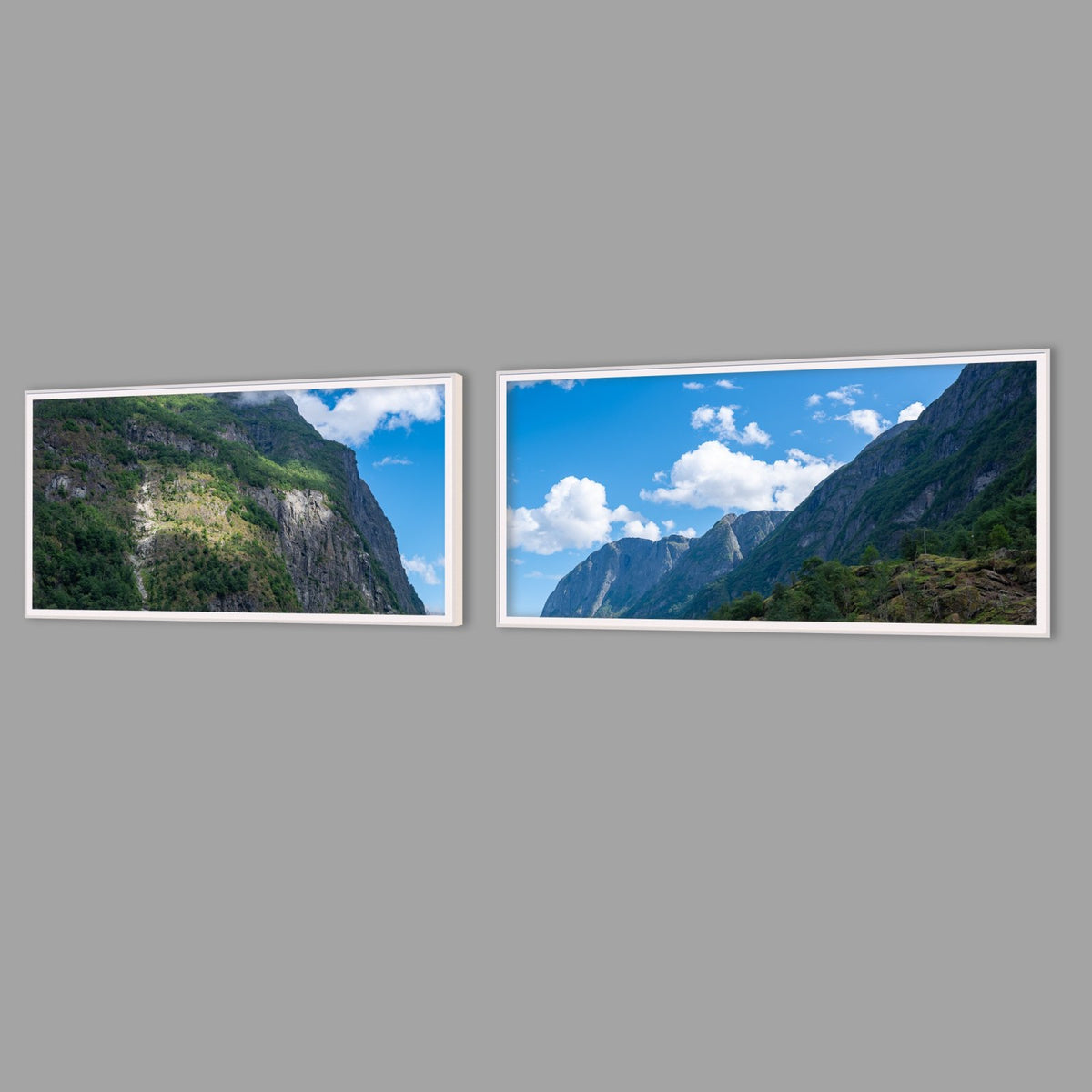 LED-Wandbild Zweiteiler quer mit Abstand – Berge & Fjorde