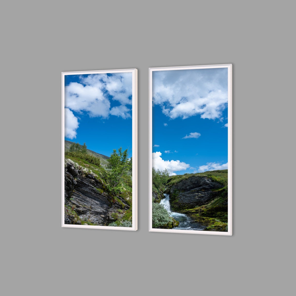 LED-Wandbild Zweiteiler hochkant mit Abstand – Berge & Fjorde
