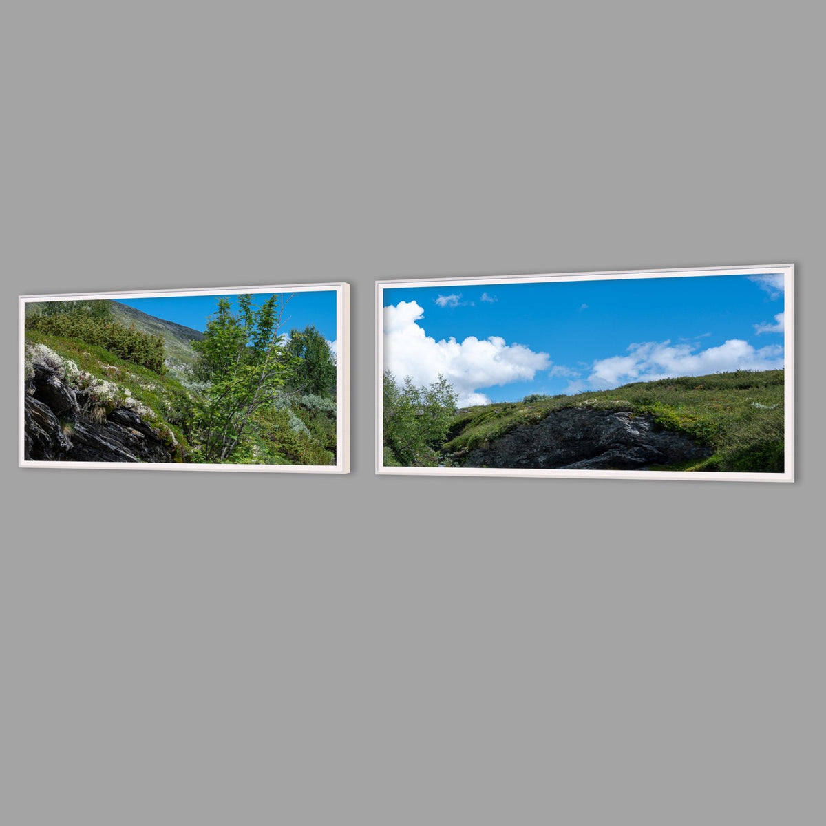 LED-Wandbild Zweiteiler quer mit Abstand – Berge & Fjorde