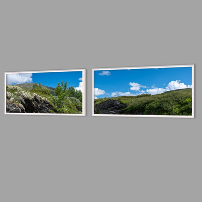 LED-Wandbild Zweiteiler quer mit Abstand – Berge & Fjorde