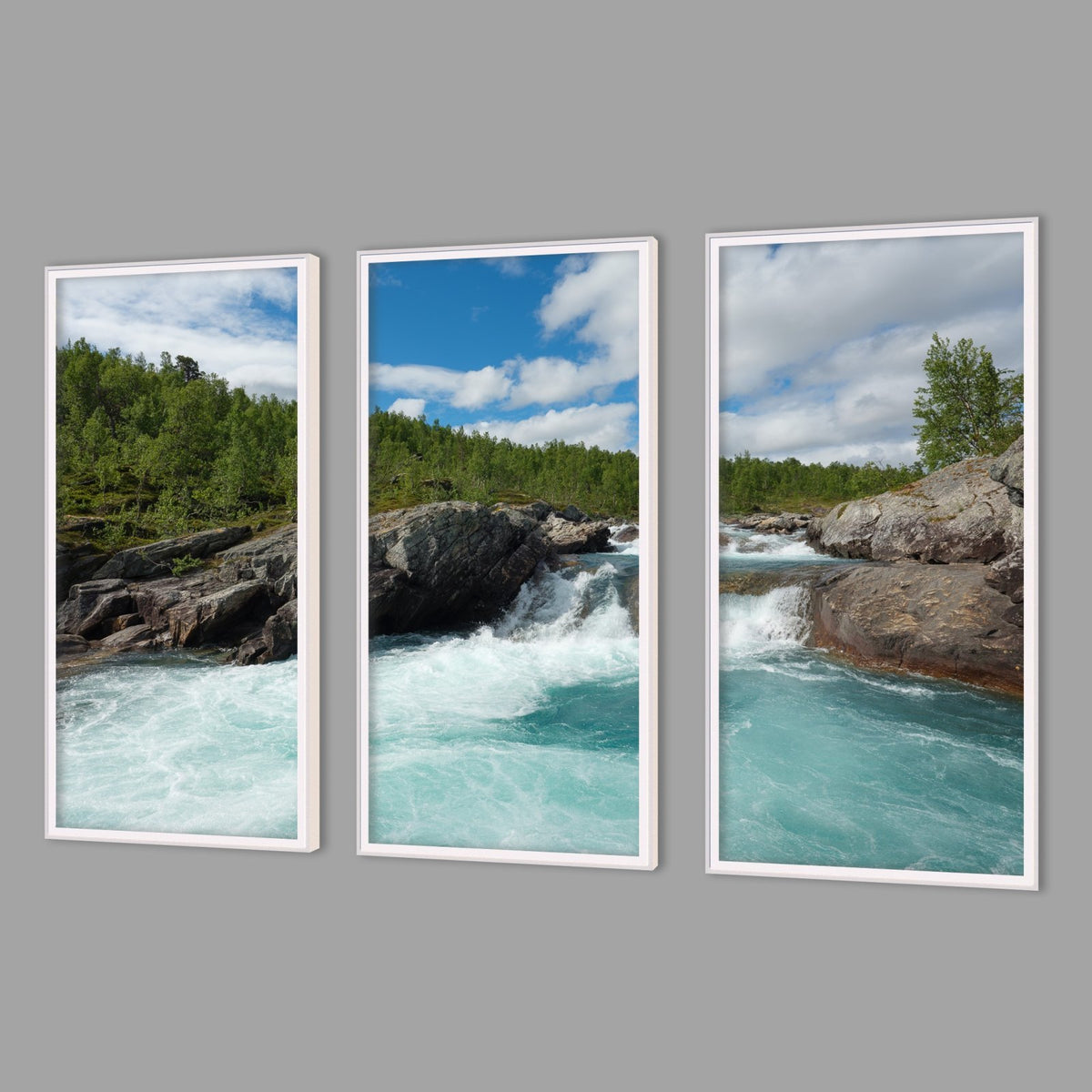 LED-Wandbild Dreiteiler hochkant mit Abstand – Berge & Fjorde