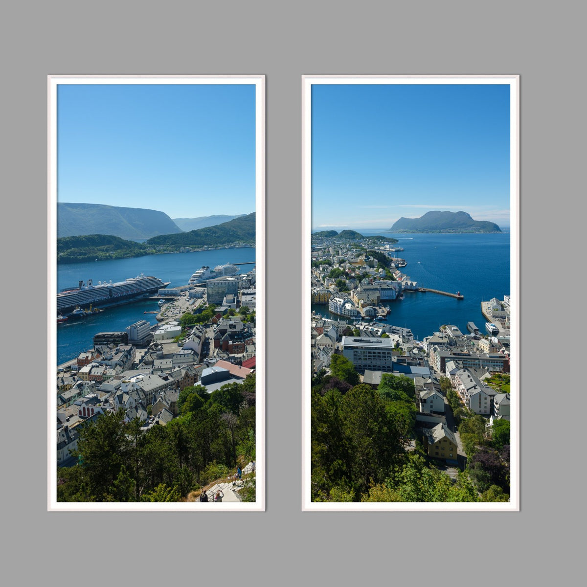 LED-Wandbild Zweiteiler hochkant mit Abstand – Berge & Fjorde