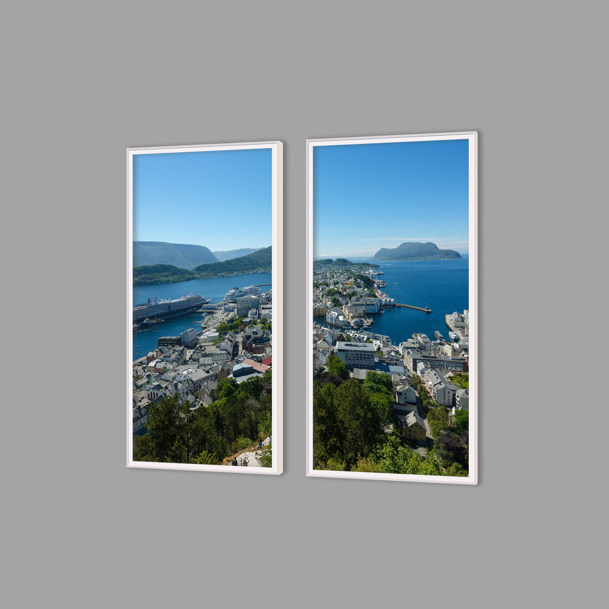 LED-Wandbild Zweiteiler hochkant mit Abstand – Berge & Fjorde