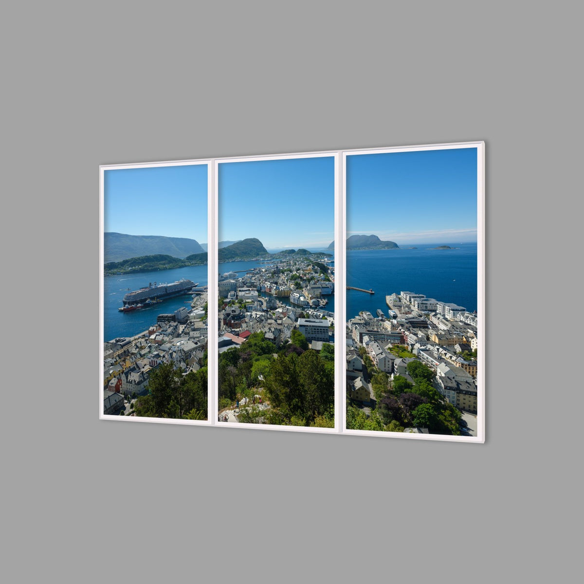 LED-Wandbild Dreiteiler hochkant 180x120 cm – Berge & Fjorde