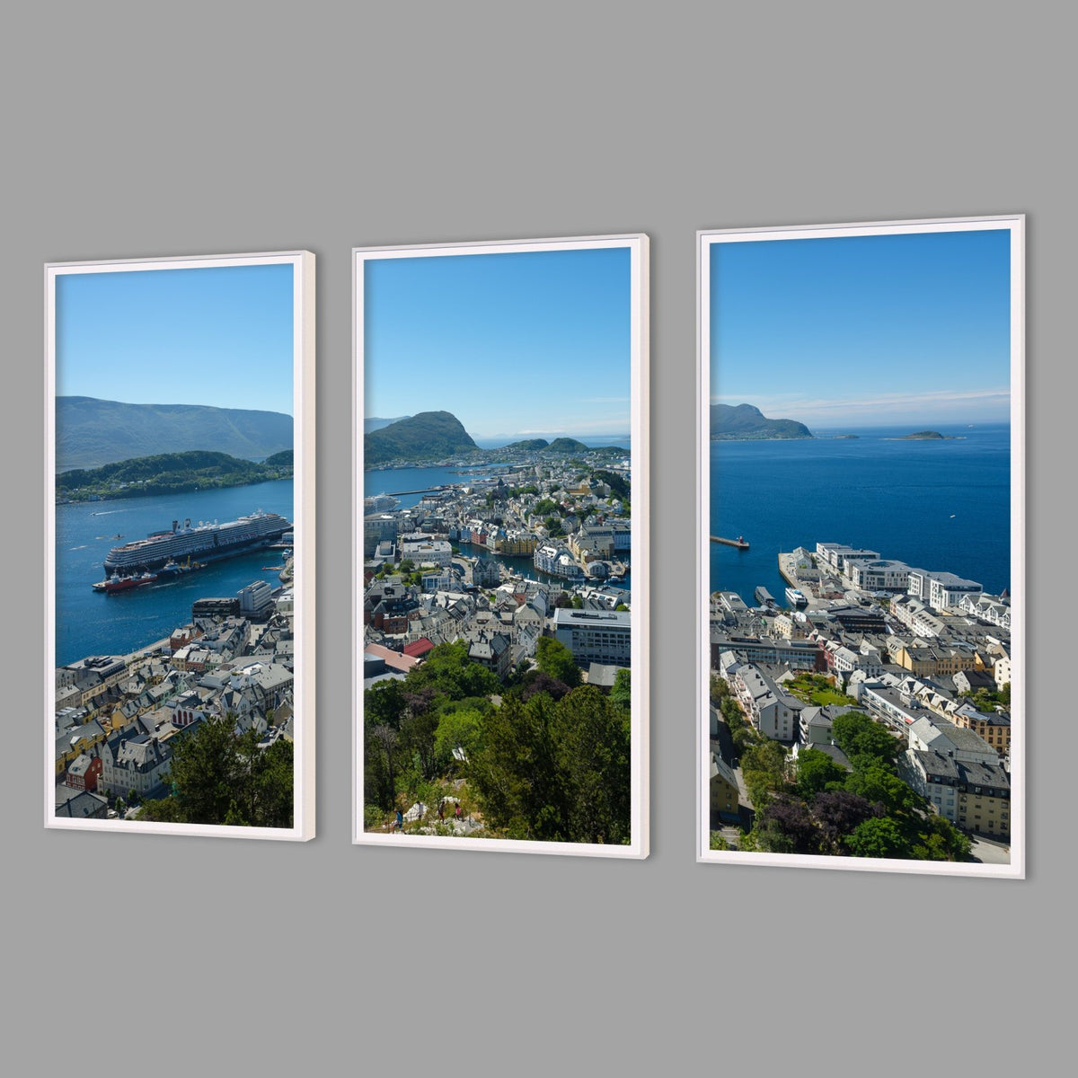 LED-Wandbild Dreiteiler hochkant mit Abstand – Berge & Fjorde