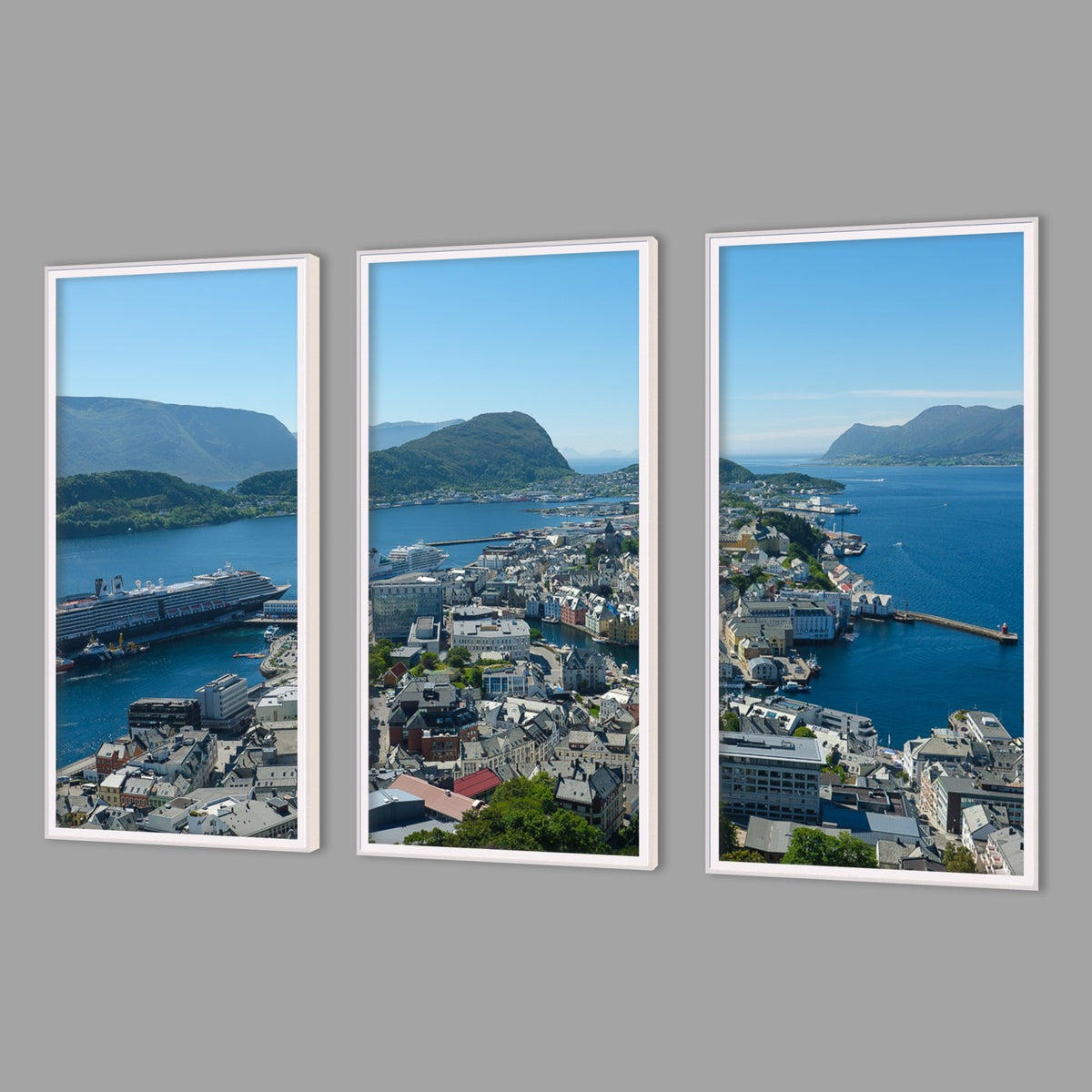 LED-Wandbild Dreiteiler hochkant mit Abstand – Berge & Fjorde