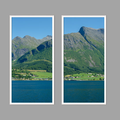 LED-Wandbild Zweiteiler hochkant mit Abstand – Berge & Fjorde