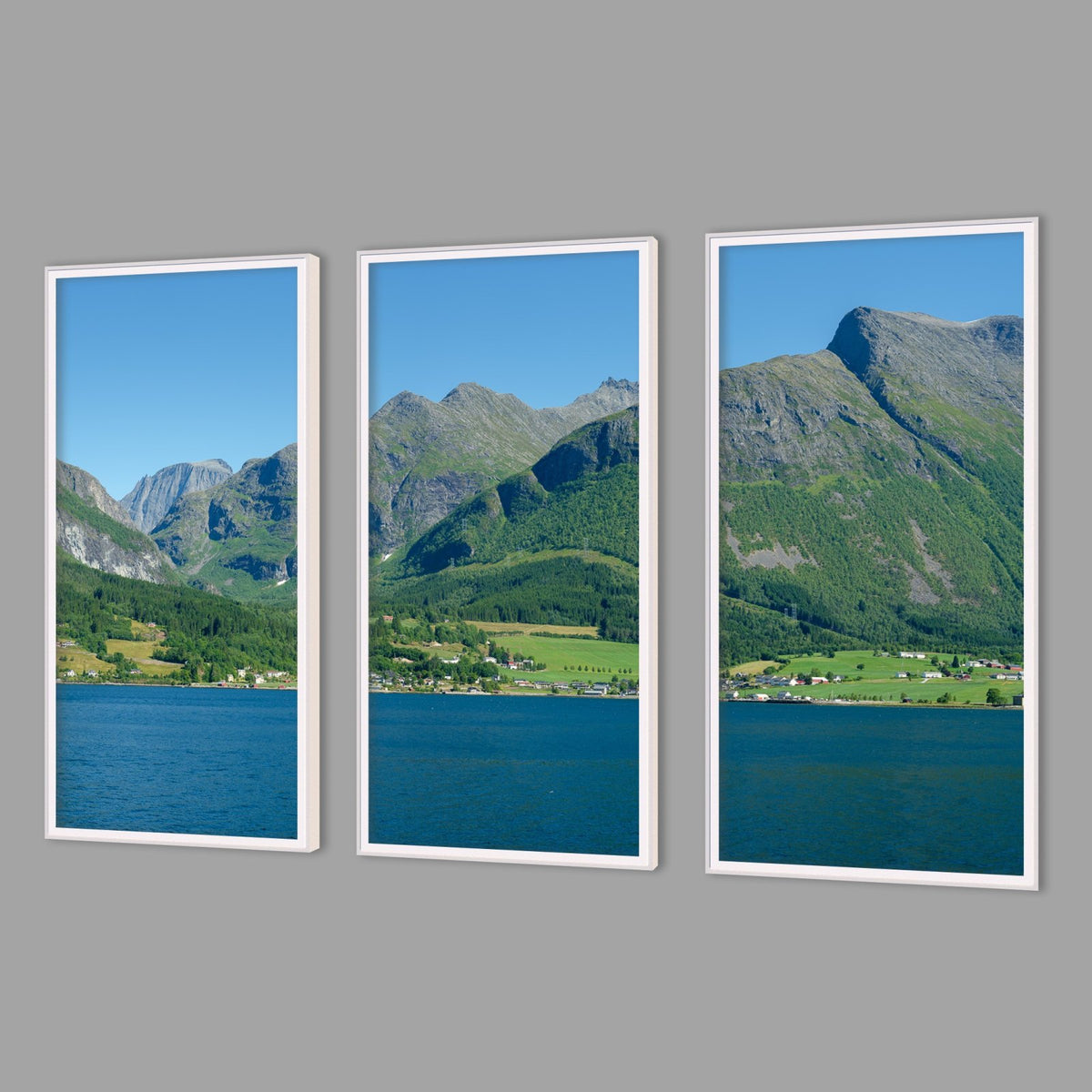 LED-Wandbild Dreiteiler hochkant mit Abstand – Berge & Fjorde
