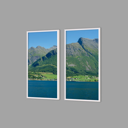 LED-Wandbild Zweiteiler hochkant mit Abstand – Berge & Fjorde