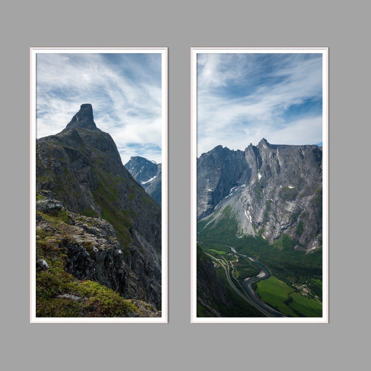 LED-Wandbild Zweiteiler hochkant mit Abstand – Berge & Fjorde