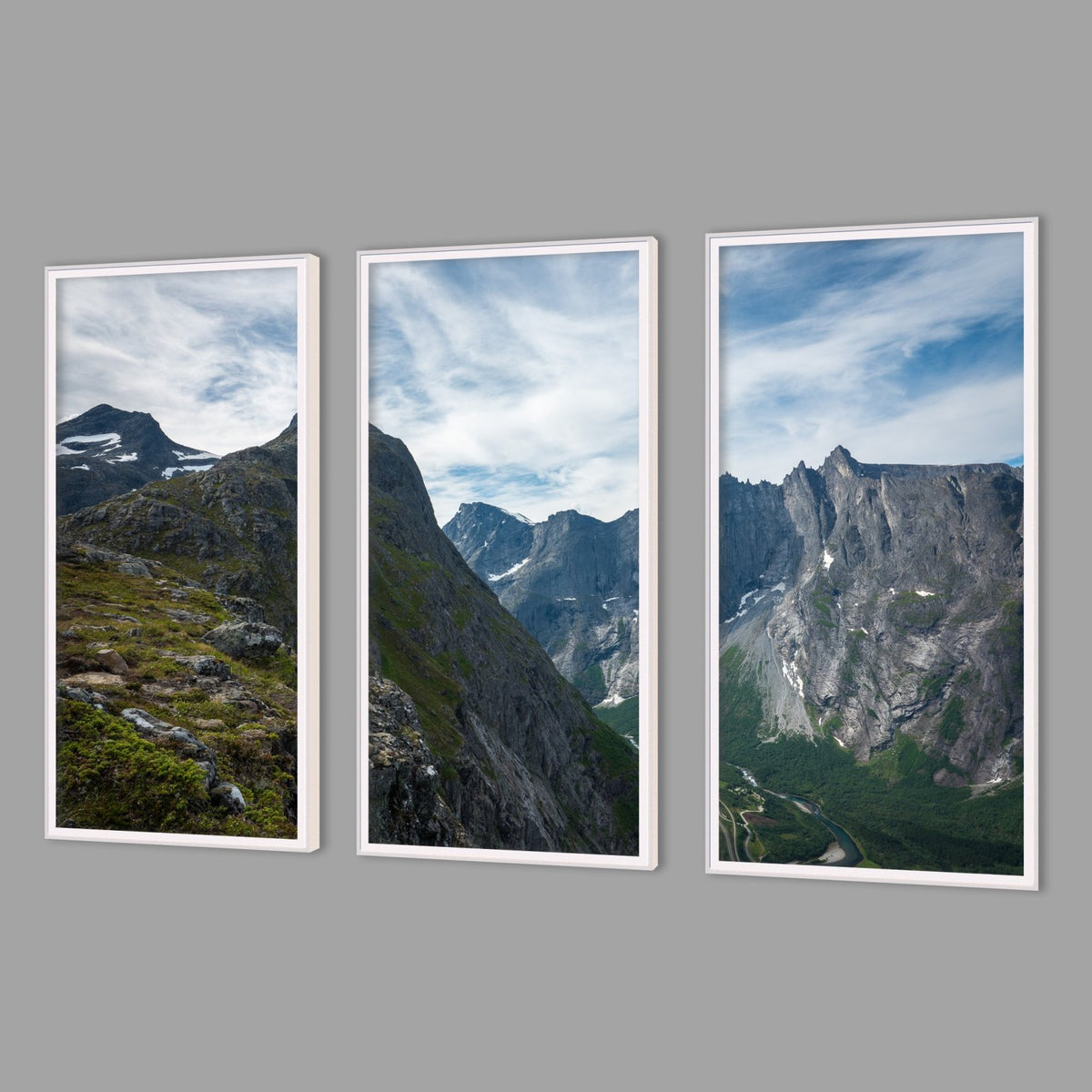 LED-Wandbild Dreiteiler hochkant mit Abstand – Berge & Fjorde