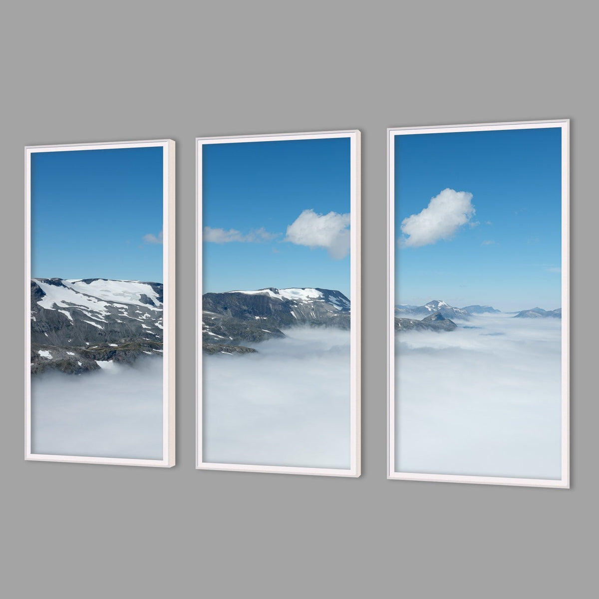 LED-Wandbild Dreiteiler hochkant mit Abstand – Berge & Fjorde