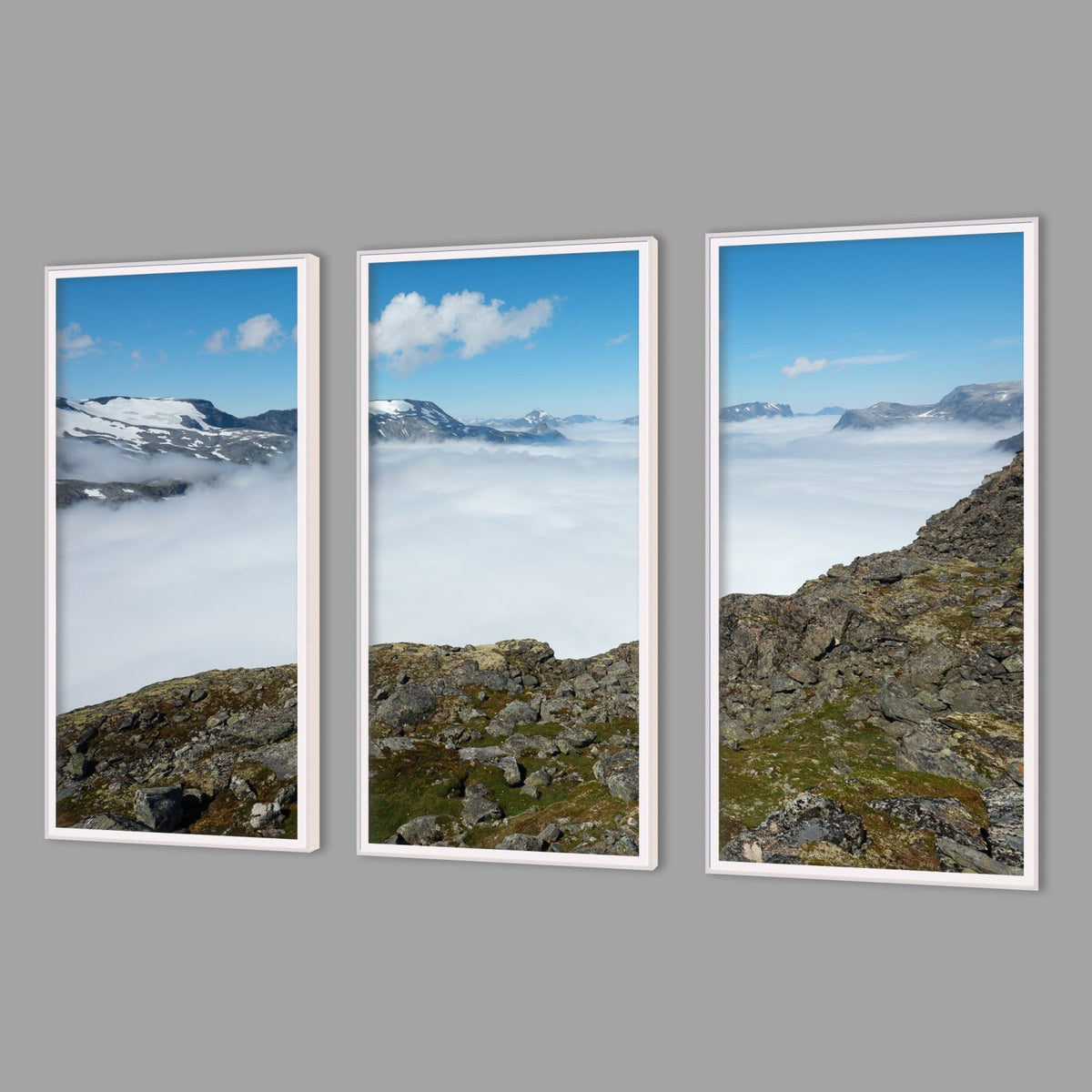 LED-Wandbild Dreiteiler hochkant mit Abstand – Berge & Fjorde