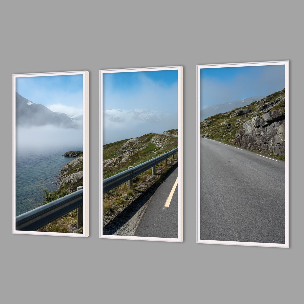 LED-Wandbild Dreiteiler hochkant mit Abstand – Berge & Fjorde
