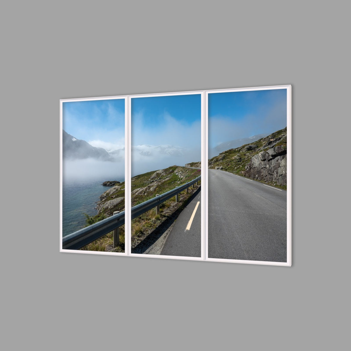 LED-Wandbild Dreiteiler hochkant 180x120 cm – Berge & Fjorde