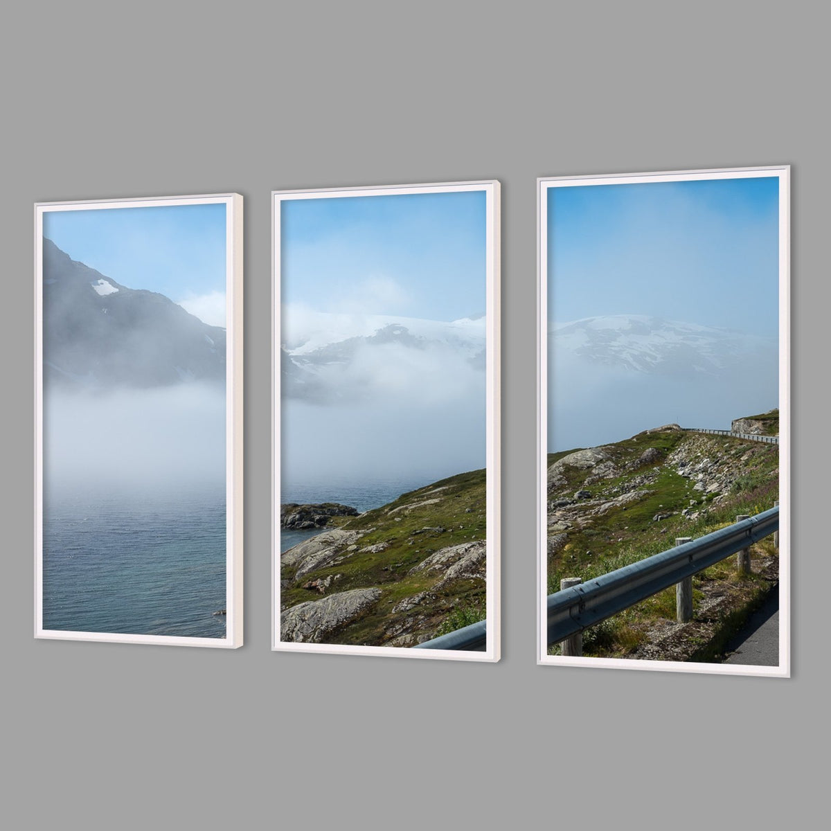 LED-Wandbild Dreiteiler hochkant mit Abstand – Berge & Fjorde