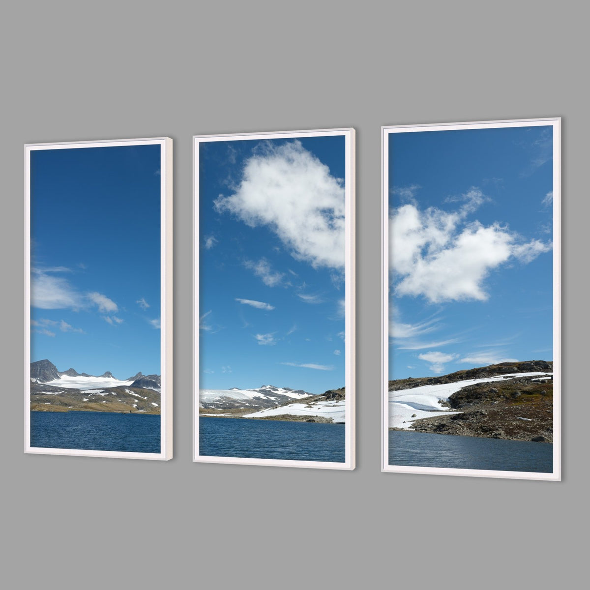 LED-Wandbild Dreiteiler hochkant mit Abstand – Berge & Fjorde