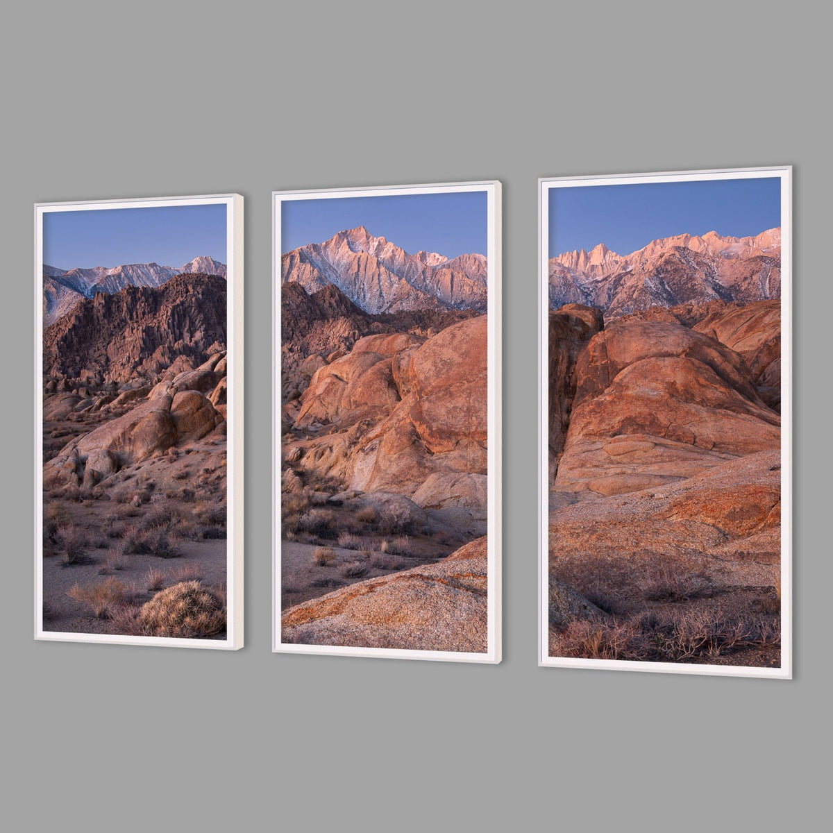 LED-Wandbild Dreiteiler hochkant mit Abstand – Berge & Fjorde