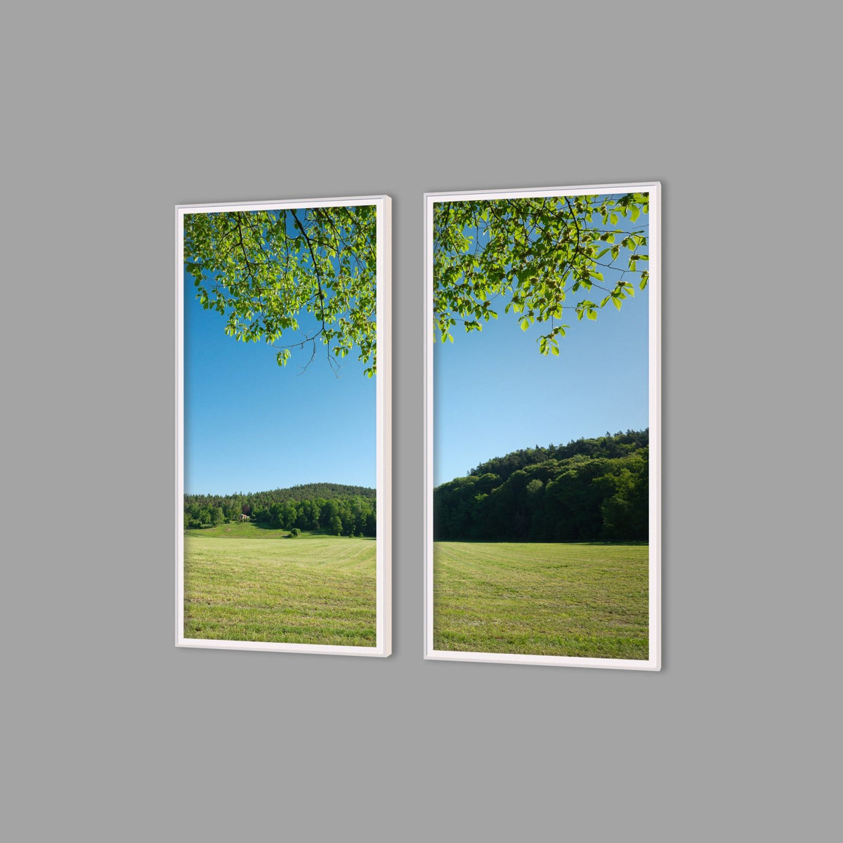 LED-Wandbild Zweiteiler hochkant mit Abstand – Felder & Wiesen