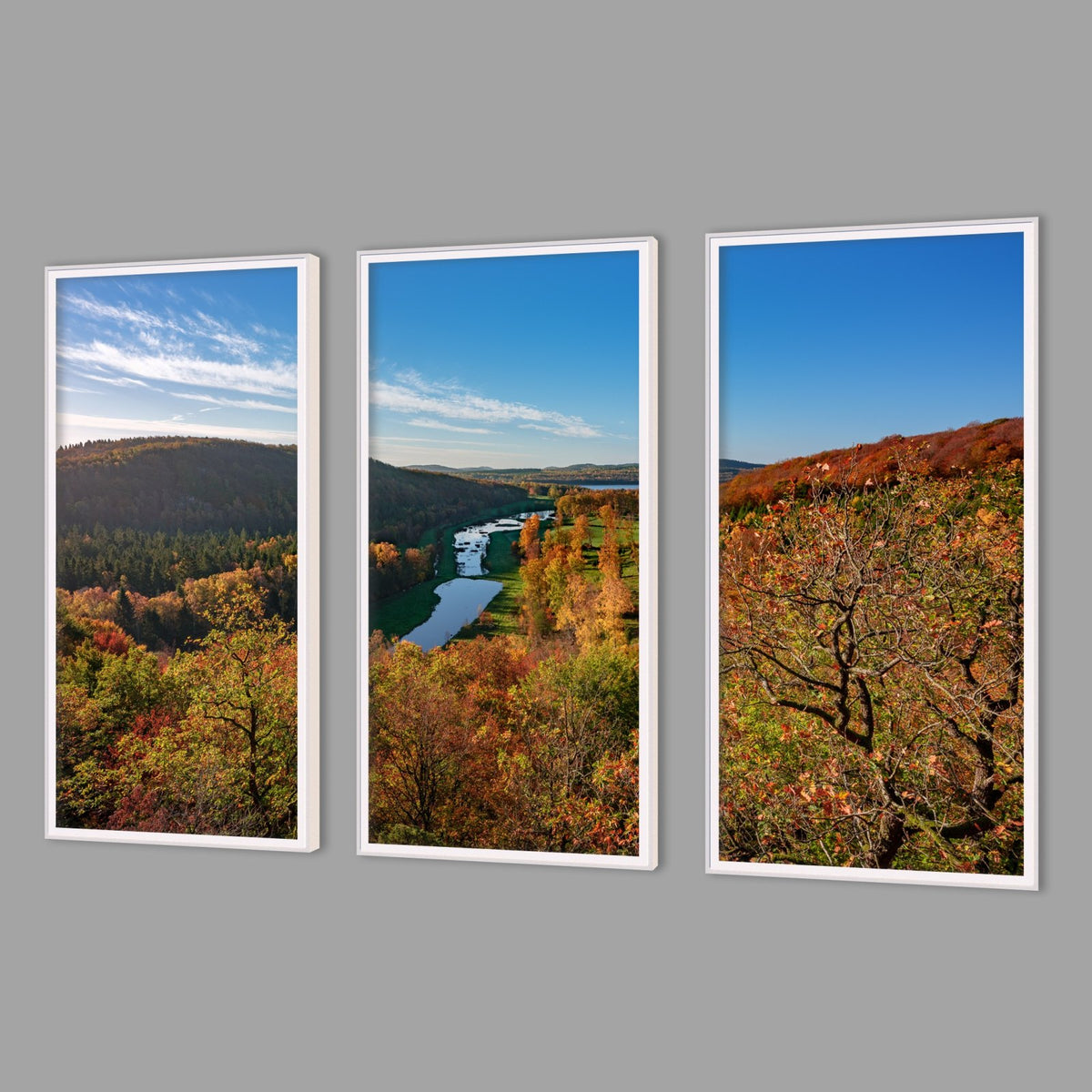 LED-Wandbild Dreiteiler hochkant mit Abstand – Herbst