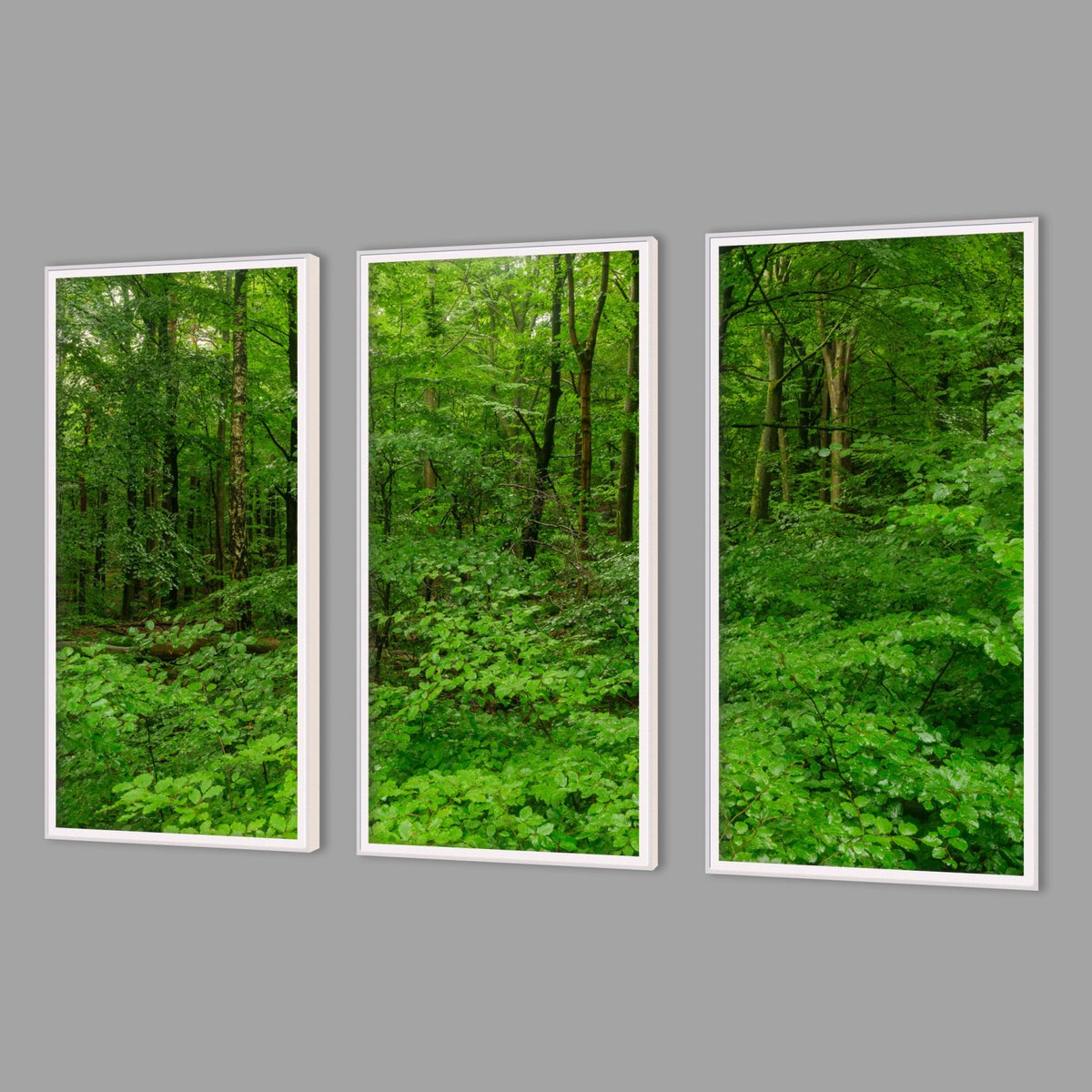 LED-Wandbild Dreiteiler hochkant mit Abstand – Wald