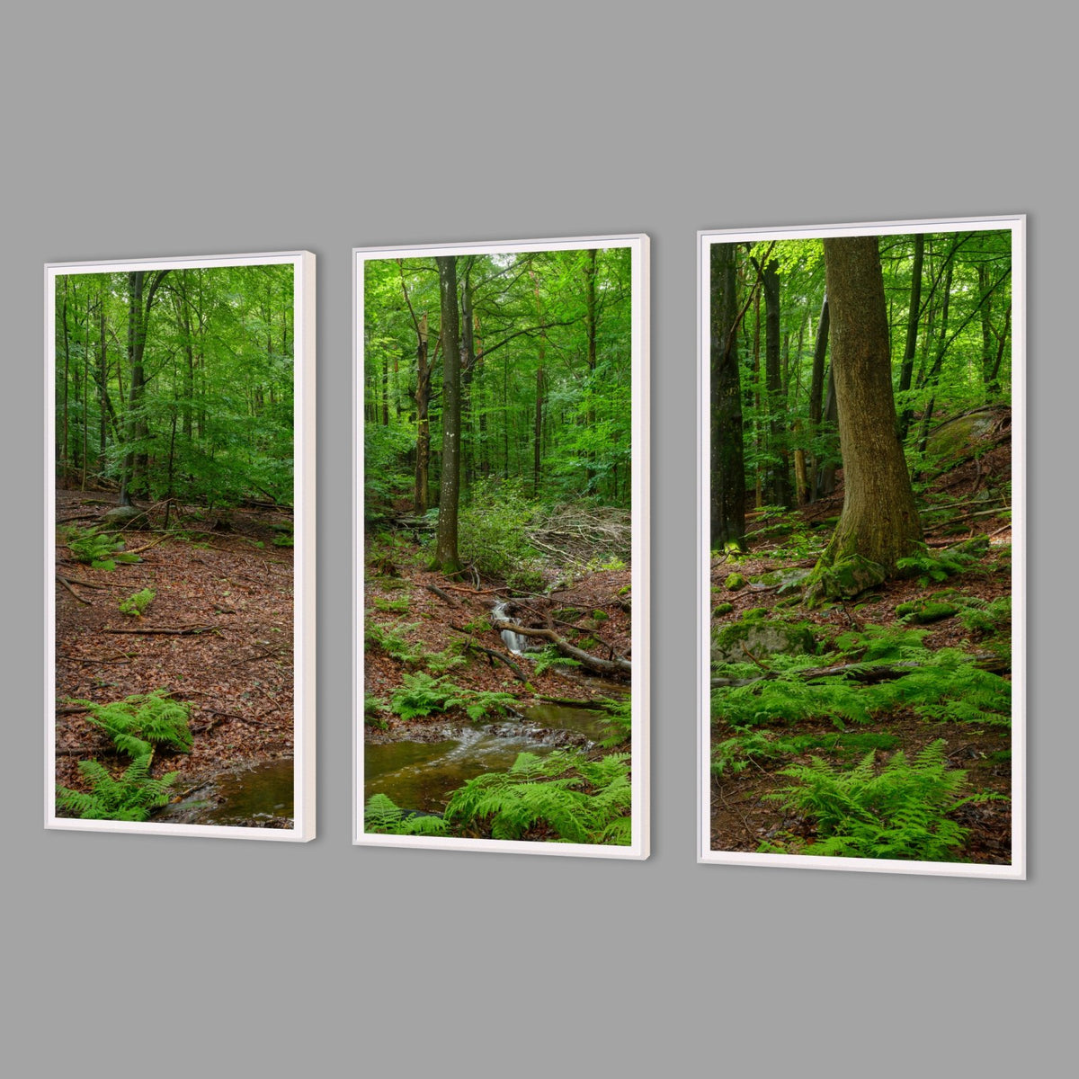 LED-Wandbild Dreiteiler hochkant mit Abstand – Wald