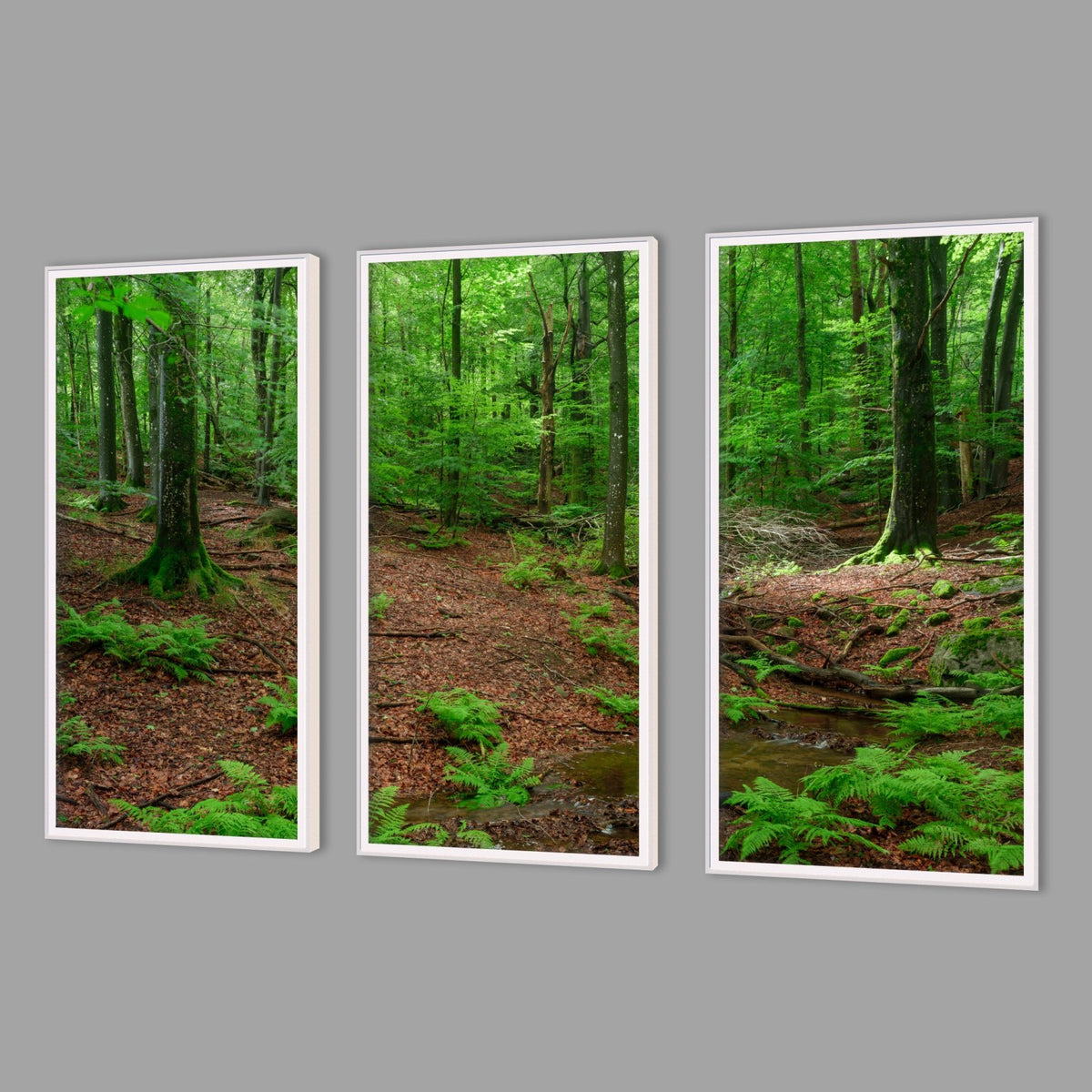 LED-Wandbild Dreiteiler hochkant mit Abstand – Wald
