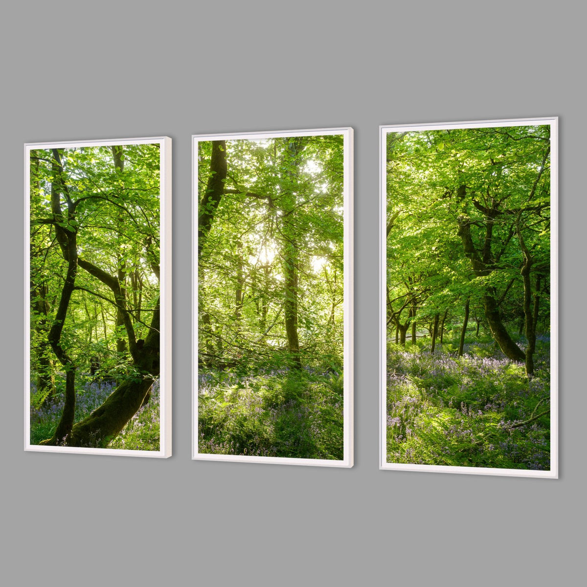 LED-Wandbild Dreiteiler hochkant mit Abstand – Wald