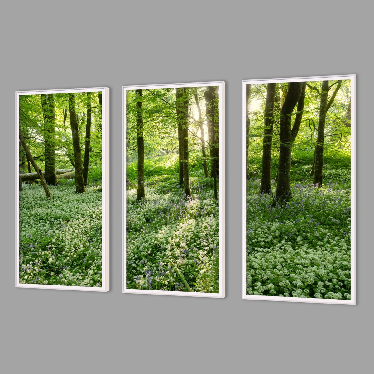 LED-Wandbild Dreiteiler hochkant mit Abstand – Wald
