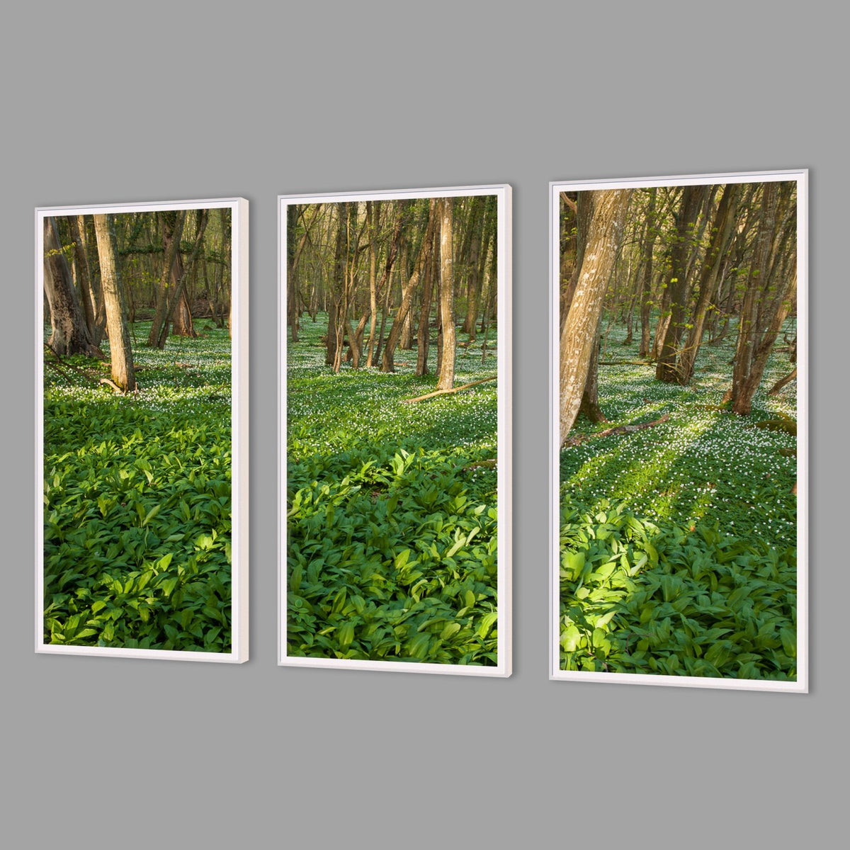 LED-Wandbild Dreiteiler hochkant mit Abstand – Wald