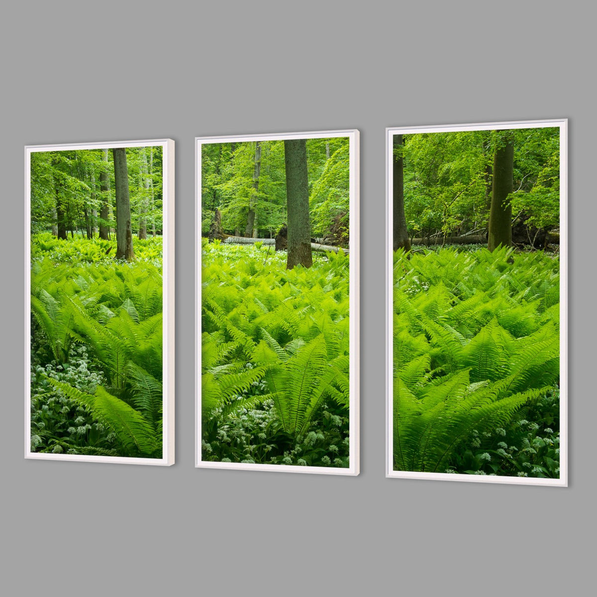 LED-Wandbild Dreiteiler hochkant mit Abstand – Wald