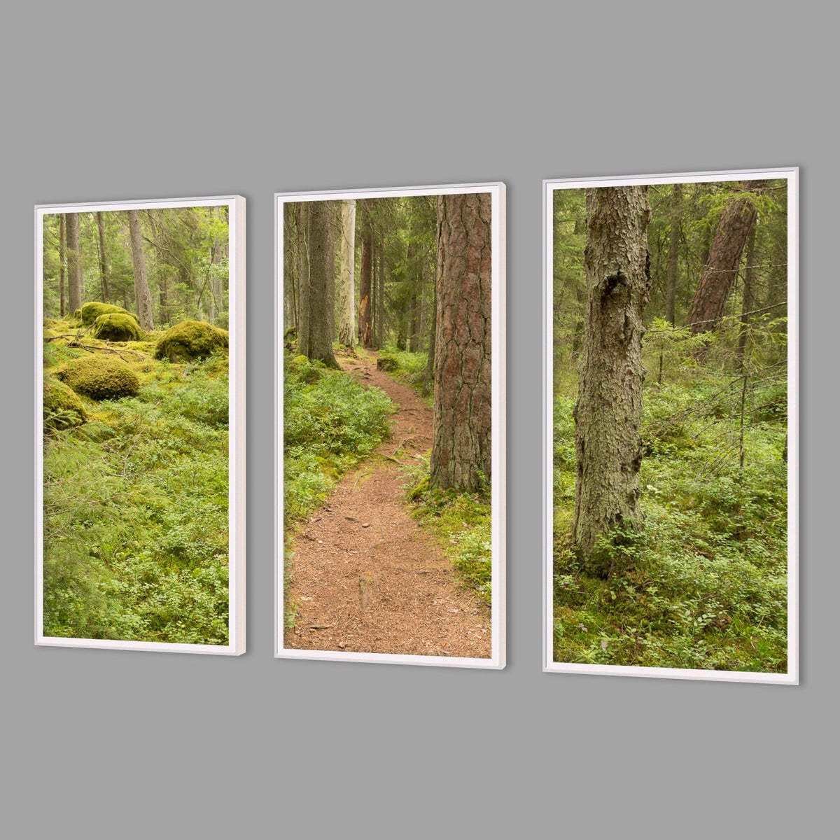 LED-Wandbild Dreiteiler hochkant mit Abstand – Wald