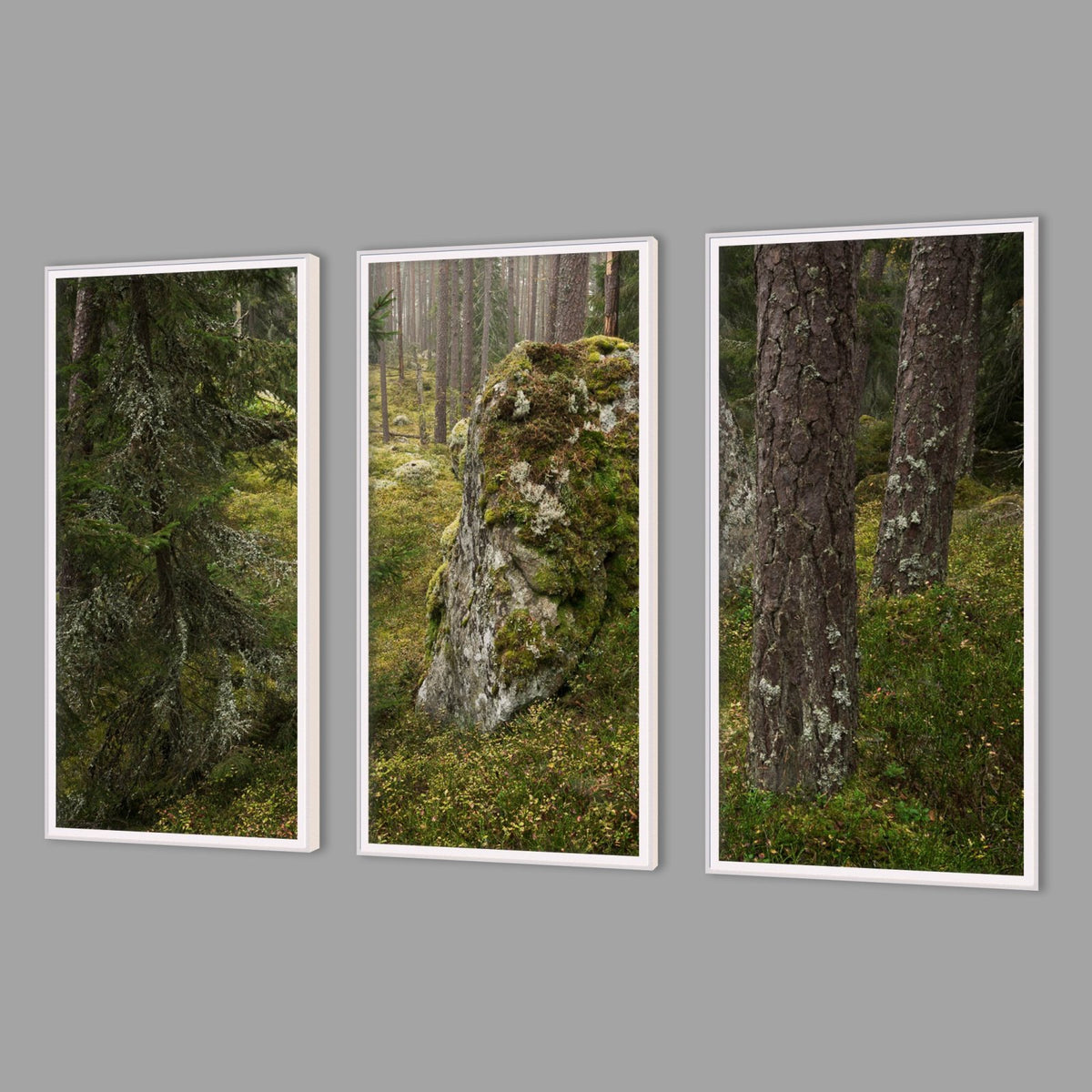 LED-Wandbild Dreiteiler hochkant mit Abstand – Wald