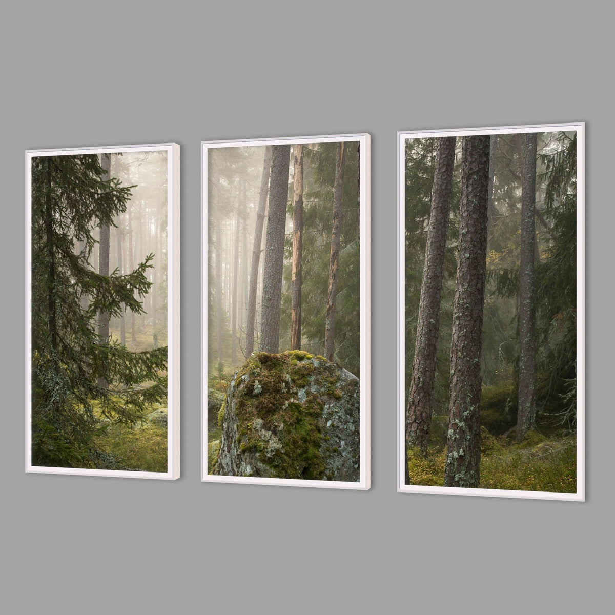 LED-Wandbild Dreiteiler hochkant mit Abstand – Wald