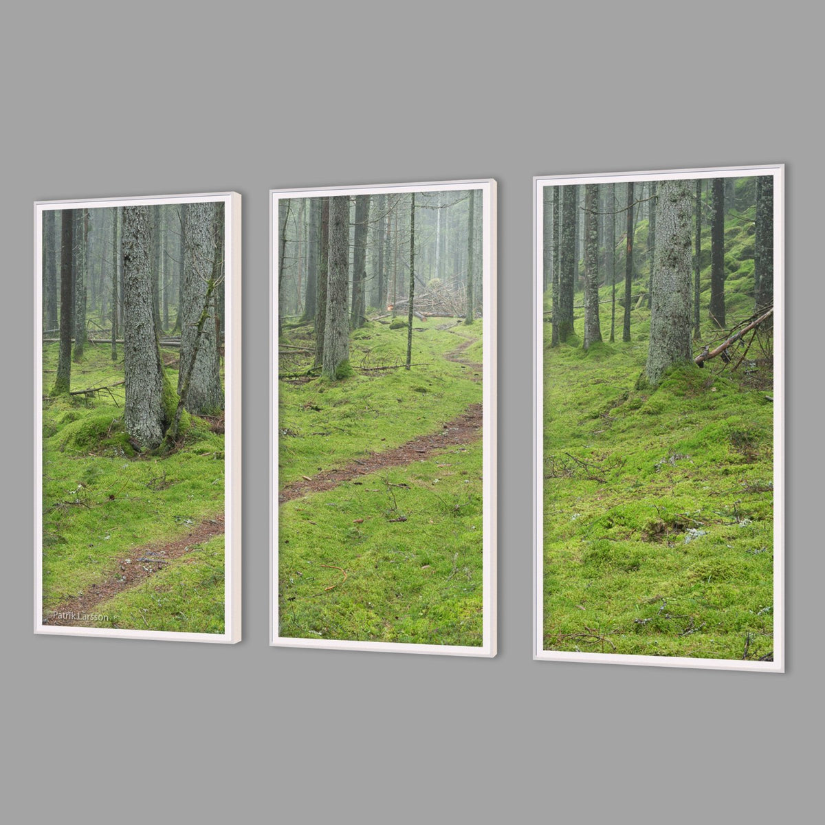 LED-Wandbild Dreiteiler hochkant mit Abstand – Wald