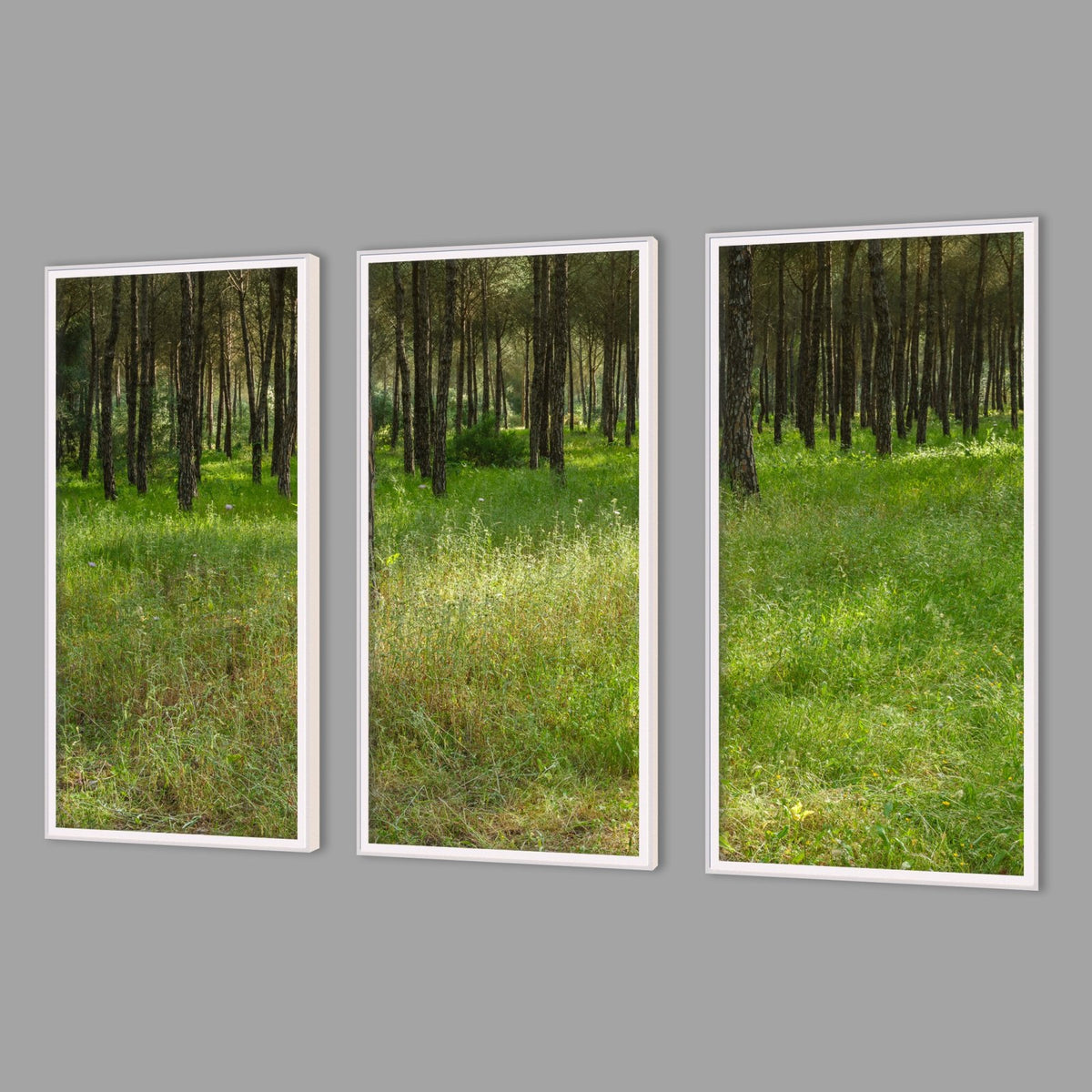 LED-Wandbild Dreiteiler hochkant mit Abstand – Wald