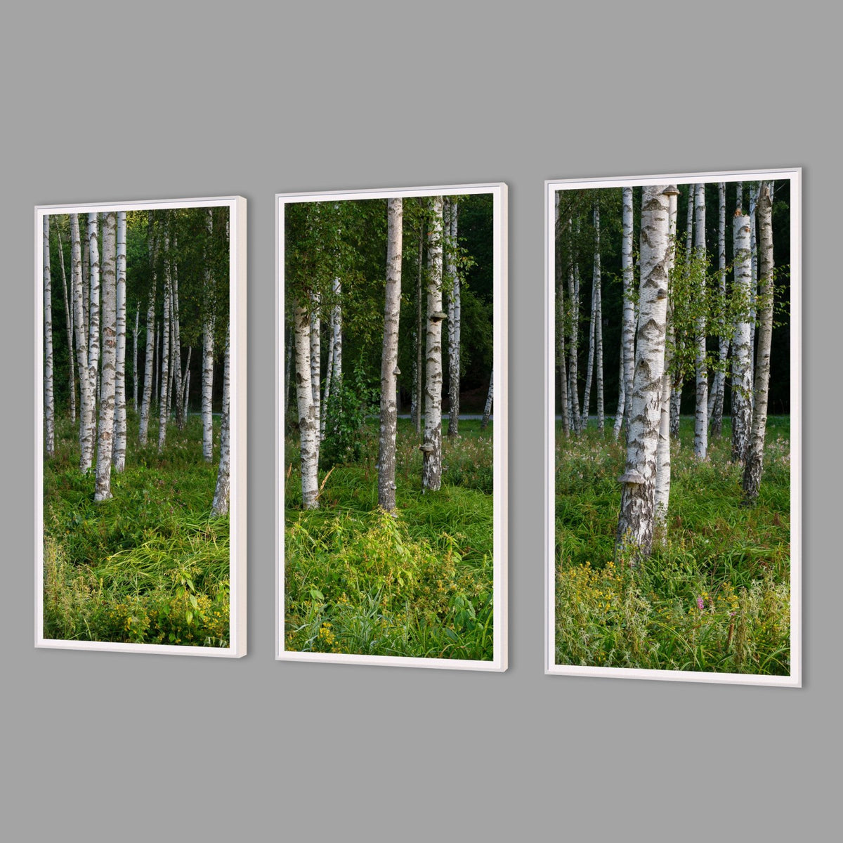 LED-Wandbild Dreiteiler hochkant mit Abstand – Wald