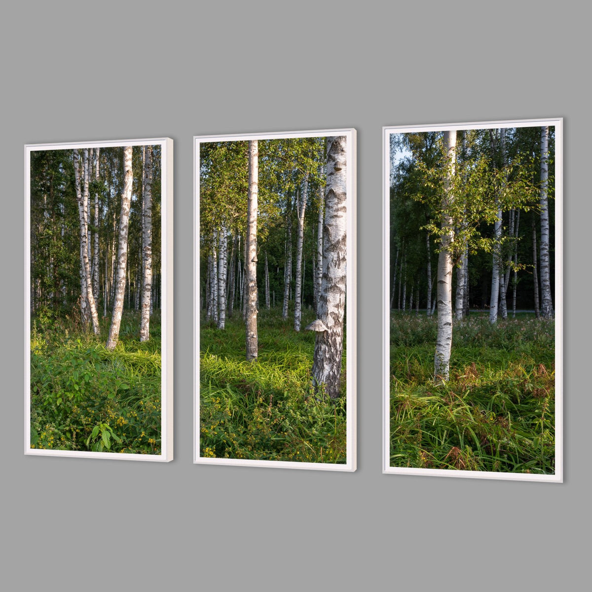 LED-Wandbild Dreiteiler hochkant mit Abstand – Wald