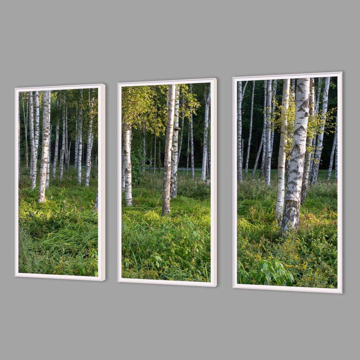 LED-Wandbild Dreiteiler hochkant mit Abstand – Wald