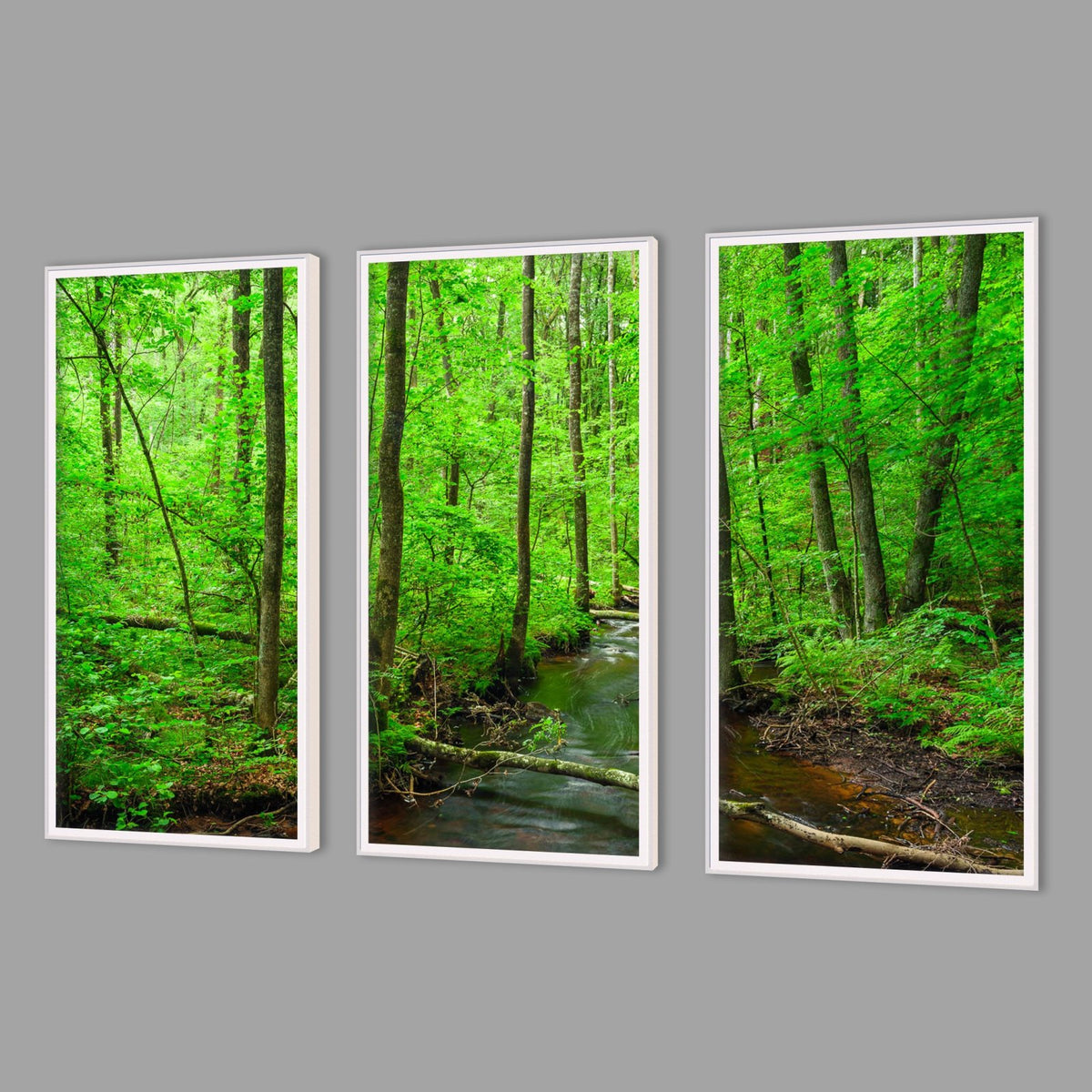 LED-Wandbild Dreiteiler hochkant mit Abstand – Wald