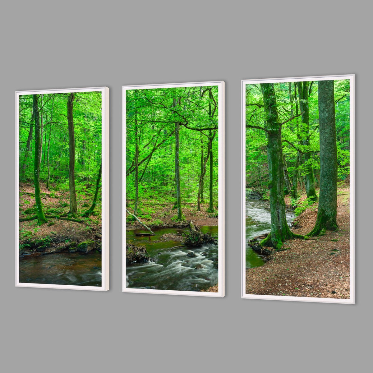 LED-Wandbild Dreiteiler hochkant mit Abstand – Wald